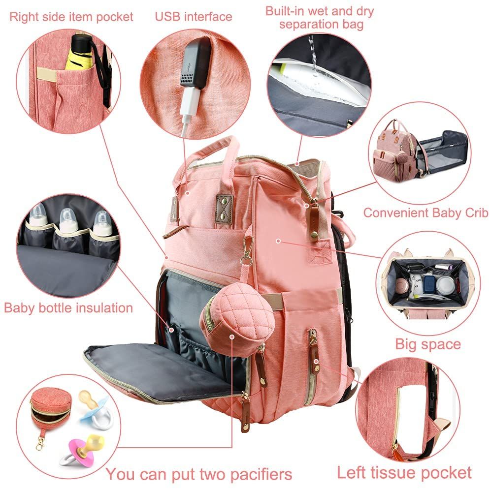 Multi-functional baby diaper bag & Bed - Pink