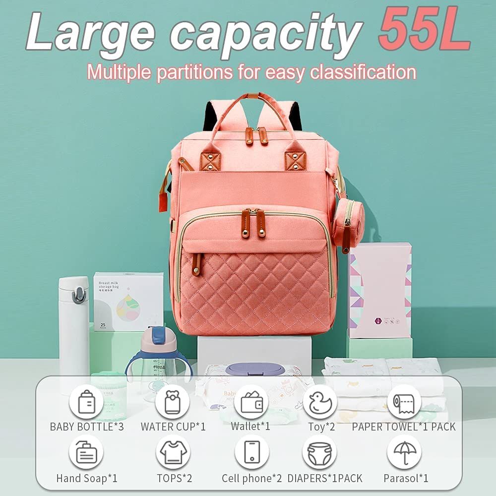 Multi-functional baby diaper bag & Bed - Pink