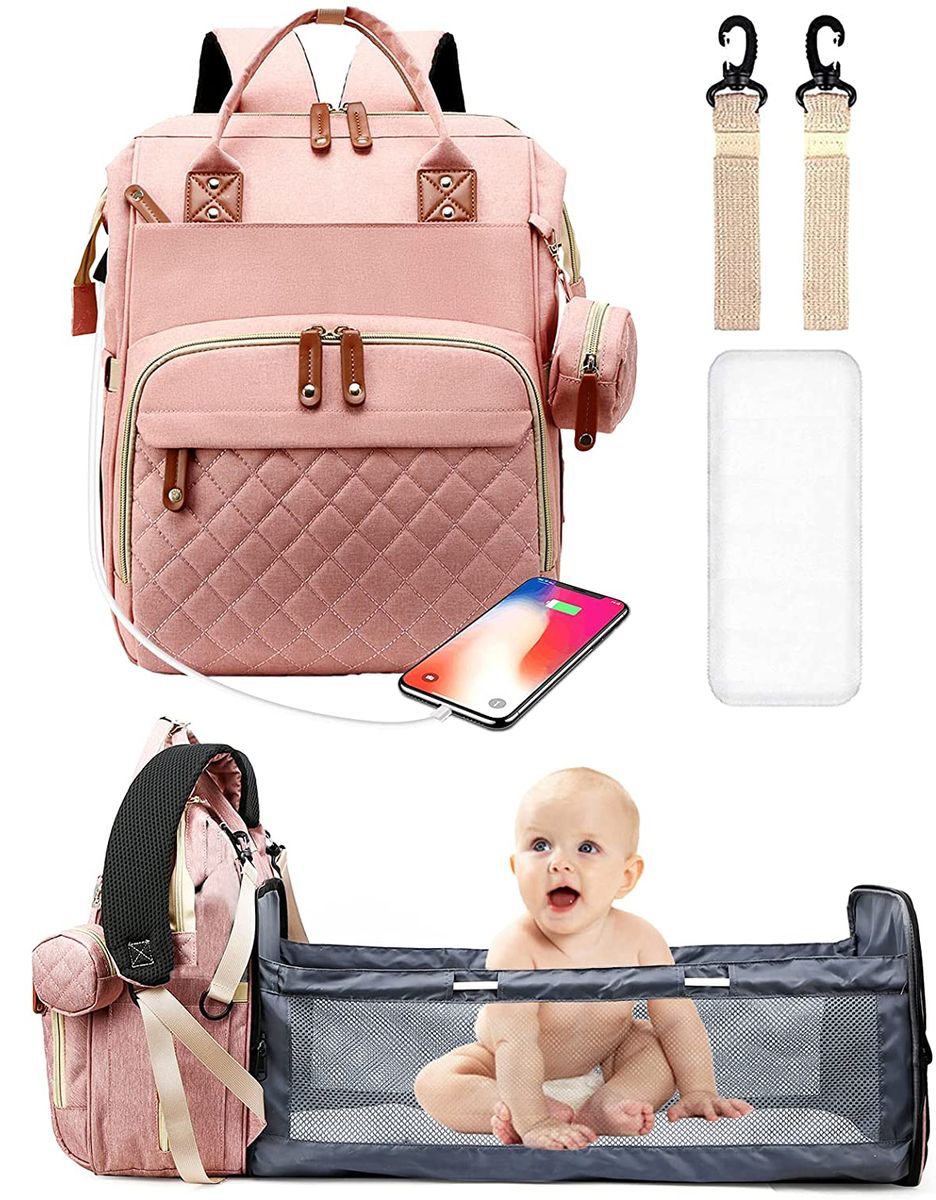 Multi-functional baby diaper bag & Bed - Pink